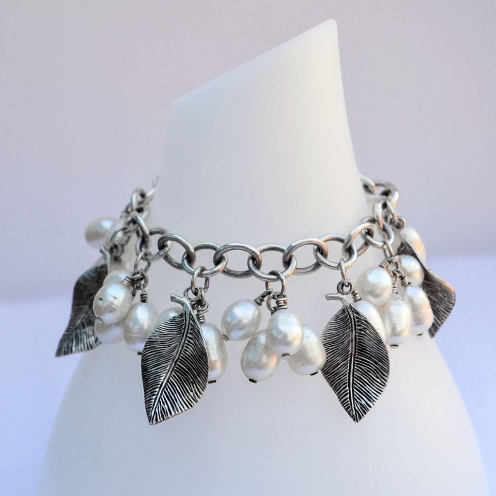 Silpada Cha Cha Sterling Silver Dangle Bracelet with Leaf Charms and Pearls